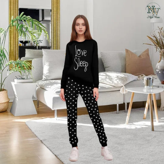 Winter Black Love Sleep Printed Night Suit