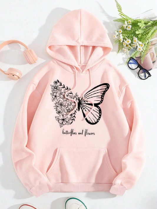 Winter Butterfly Printed Hoodie For Women