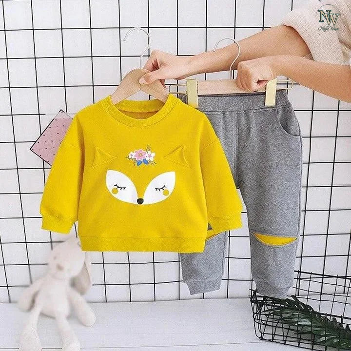 Fleece Fabric Yellow Fox Printed Kids Winter Suit ( Each )