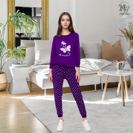 Winter Purple Butterfly Printed Night Suit
