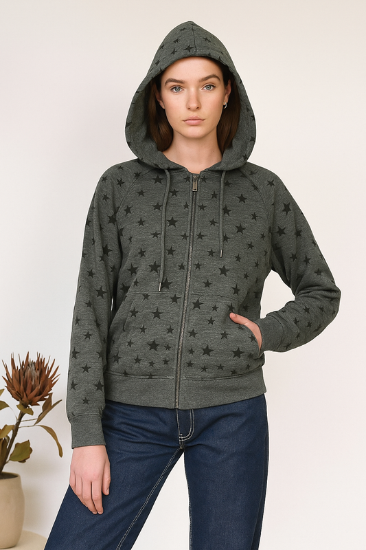 Winter Charcoal Star Printed Zipper Hoodie