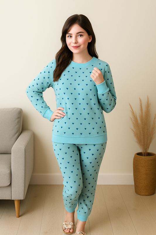 Winter Blue Heart Printed Night Suit