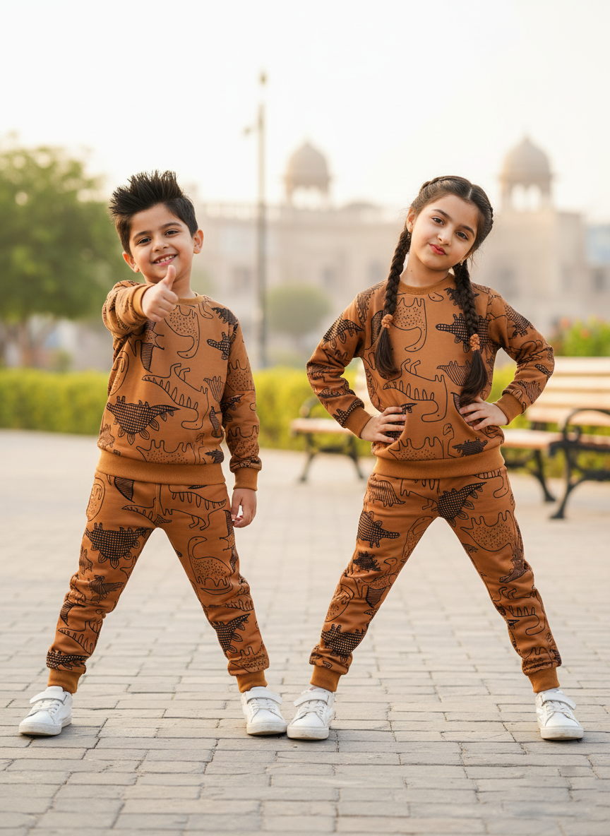 Fleece Fabric Brown Dinosaur Printed Kids Winter Suit ( Each )