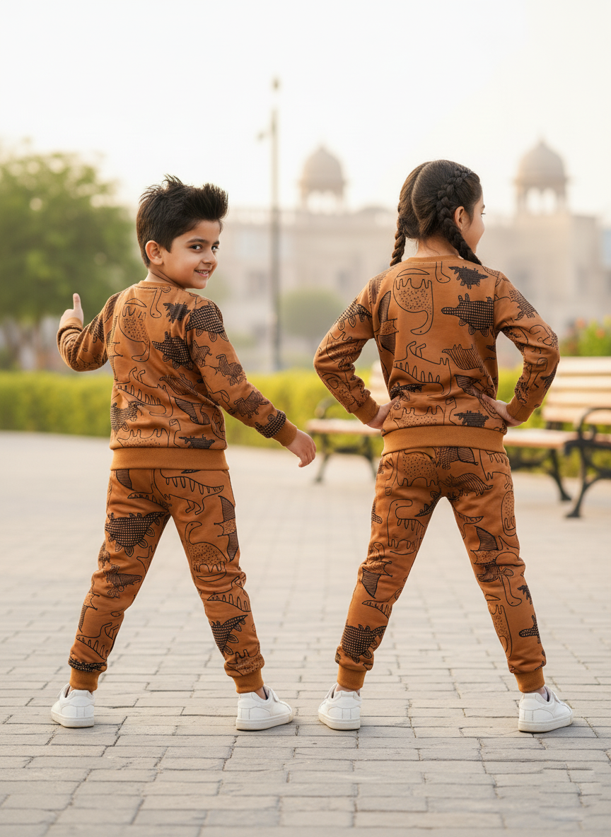 Fleece Fabric Brown Dinosaur Printed Kids Winter Suit ( Each )