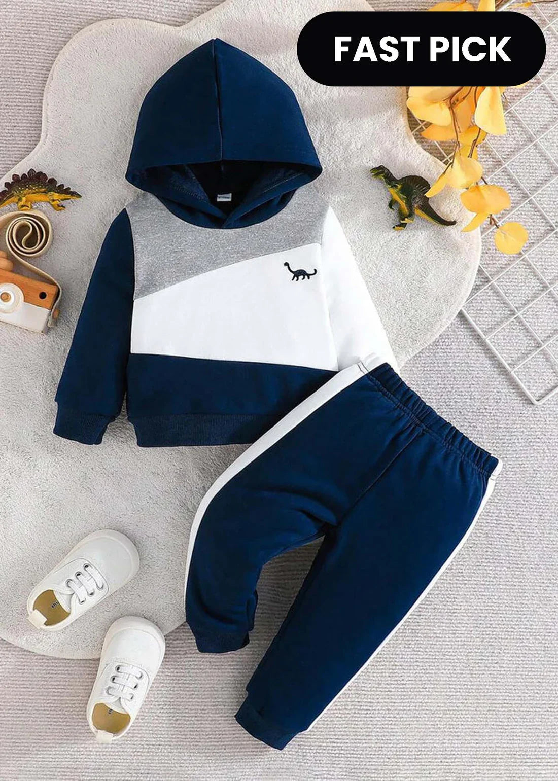 Fleece Fabric Navy Blue Panel Dinosaur Printed Kids Winter Suit ( Each )