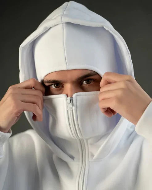 White Balaclava Ninja Zipper Hoodie Jacket For Men