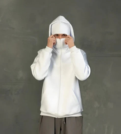 White Balaclava Ninja Zipper Hoodie Jacket For Men