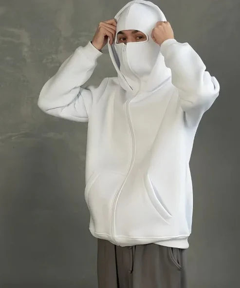 White Balaclava Ninja Zipper Hoodie Jacket For Men