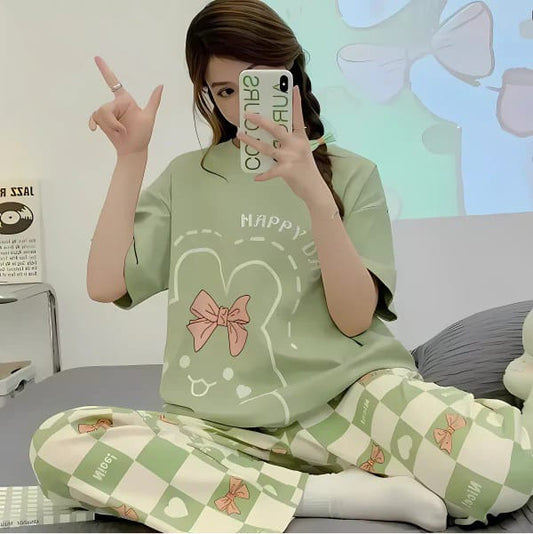 Olive Green Printed Night Suit