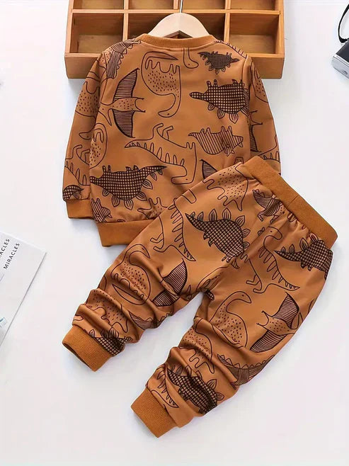 Fleece Fabric Brown Dinosaur Printed Kids Winter Suit ( Each )
