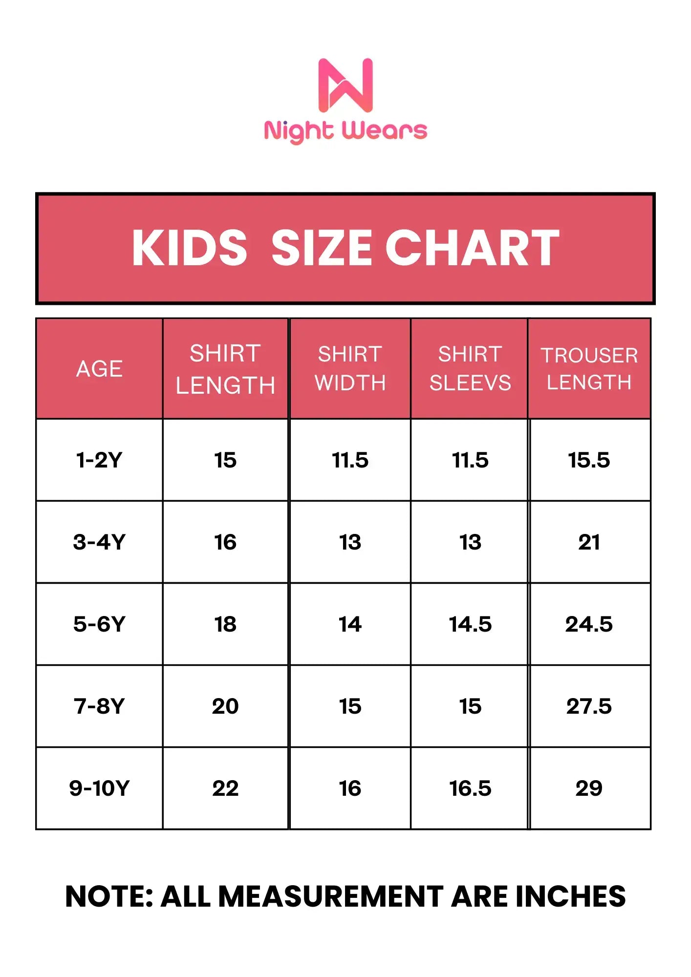 Kids Winter Fleece Suit Size Chart in Inche for Boys & Girls