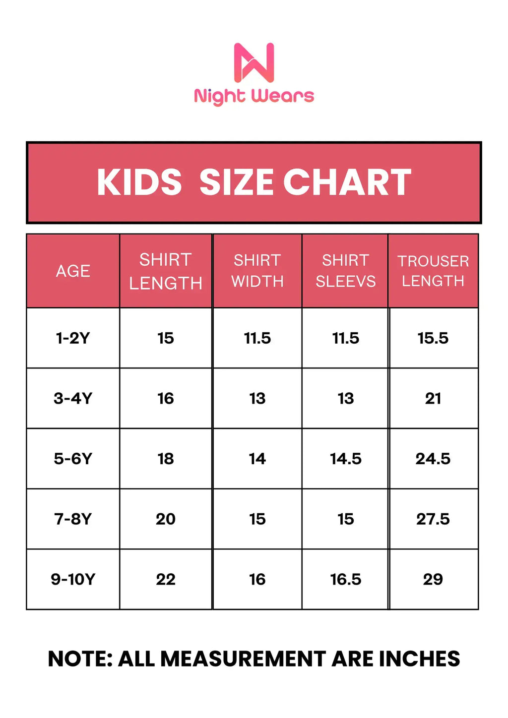 Kids Winter Fleece Suit Size Chart in Inche for Boys & Girls