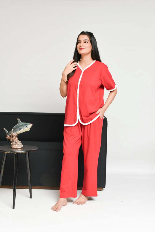 Red Plain Stylish Night Suit