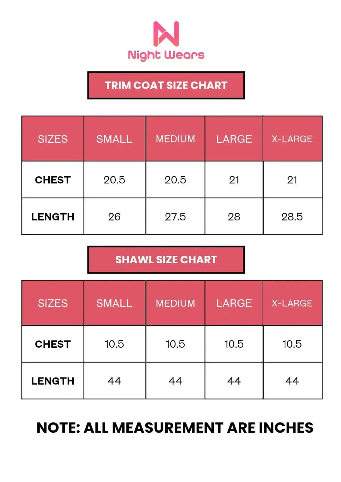 Size chart for long sleeve winter trim coat with shawl length measurements in inches.