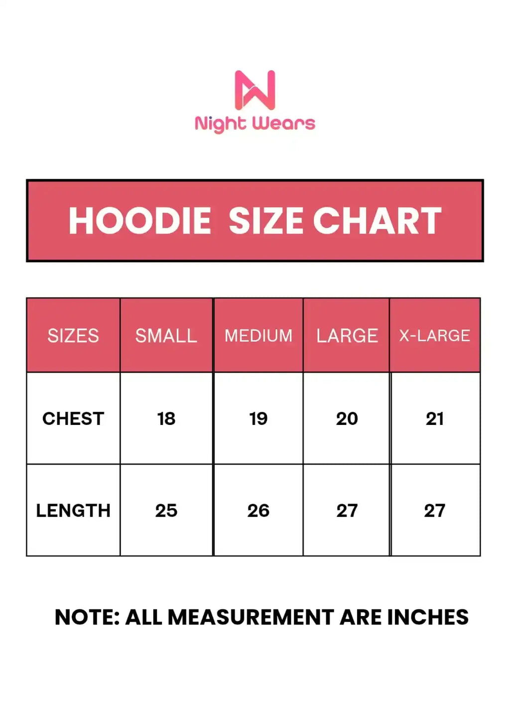 Size chart for unisex winter hoodie with measurements in inche for small, medium, large, and XL