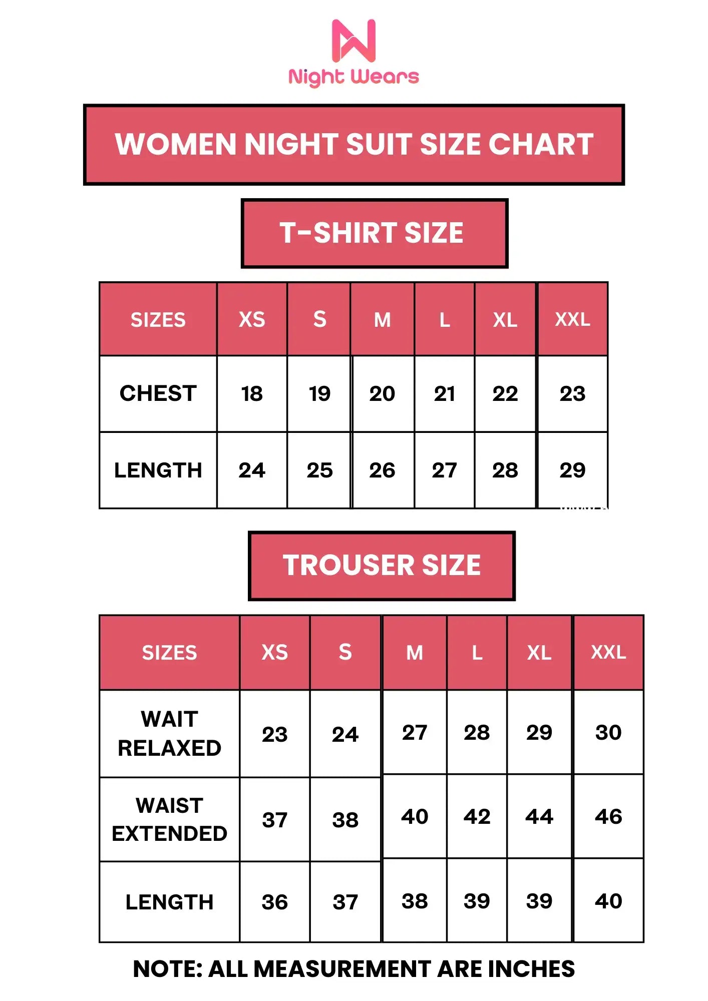 Size chart for women winter fleece night suit shirt and trouser