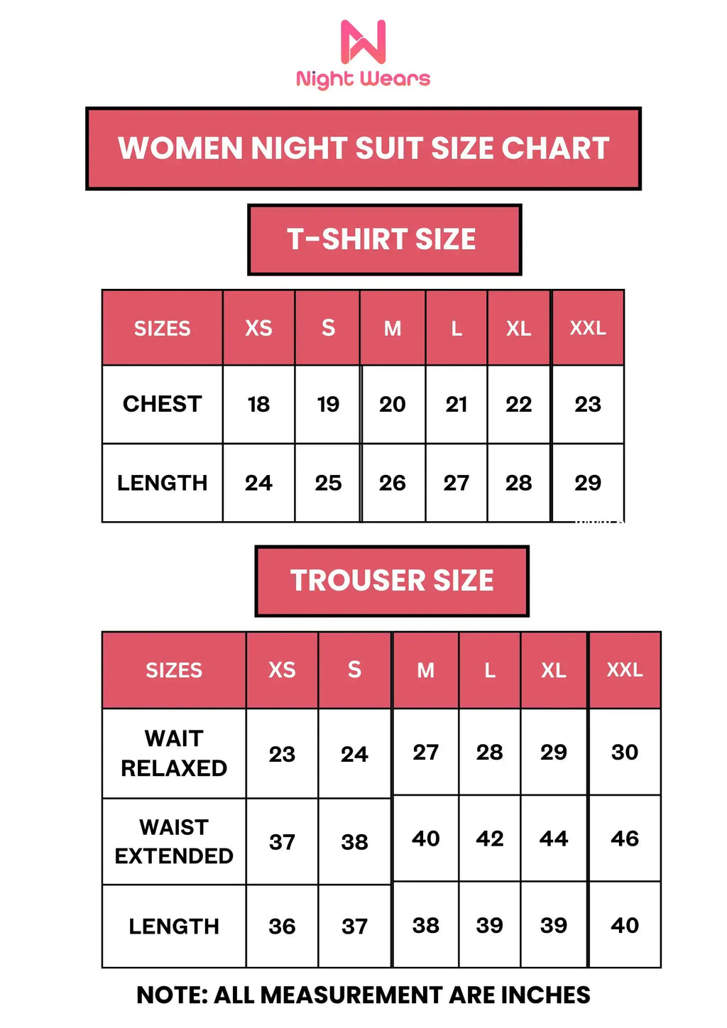 Size chart for women winter fleece night suit shirt and trouser