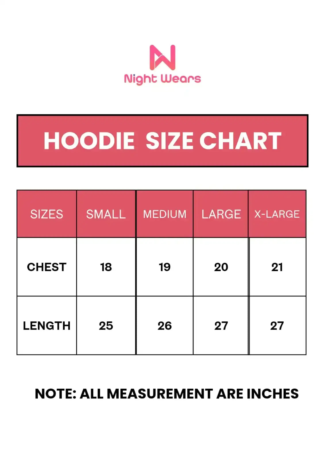 Size chart for women’s hoodie with measurements in inches for Small, Medium, Large, and XL